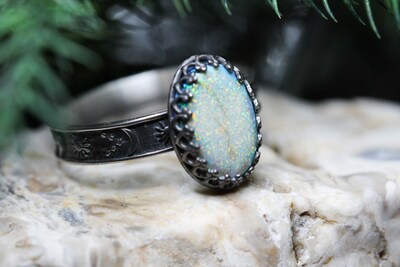 Opal Ring * Solid Sterling Silver Ring* Celestial Pattern Band * Full Moon * 14x10mm* Monarch Opal *  Any Size - image6